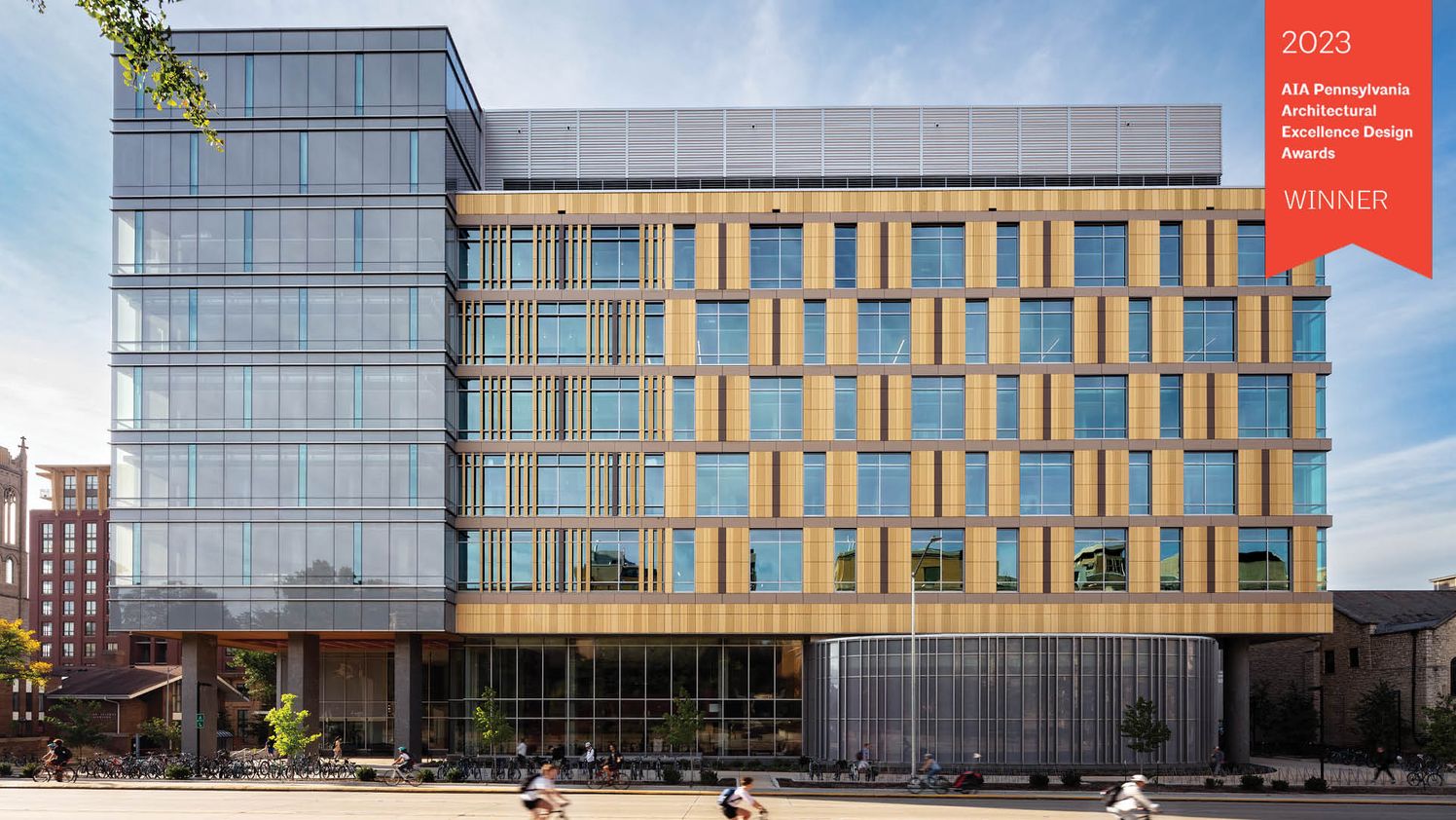 Exterior view of University of Wisconsin-Madison's Chemistry Tower with an AIA Pennsylvania Architectural Excellence Design Award seal in the corner