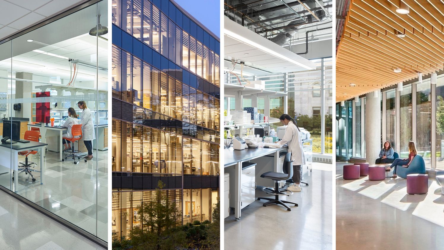 Exterior and interior photos of American University Hall of Science labs and seating area