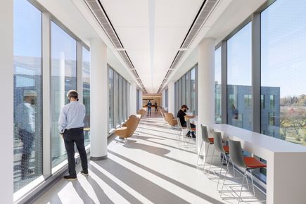 Hallway lounge with fritted glass to prevent birds from crashing into the windows